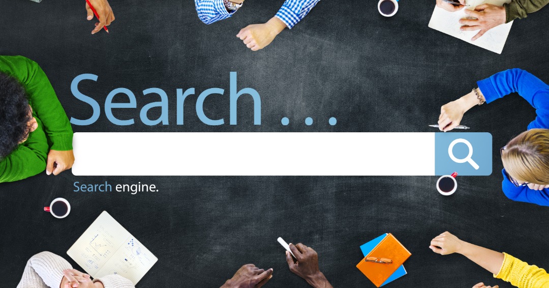 college search engine bar graphic with a birds-eye view of students sitting around it